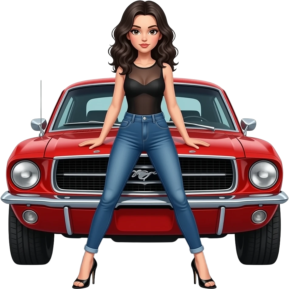 Pale girl with black wavy hair in front of a red Ford Mustang 1968 coupe. Girl wearing a sheer black sleeveless top with a medium neckline, jeans and heels with visible toes. Legs spread and hands resting on the hood. emoji