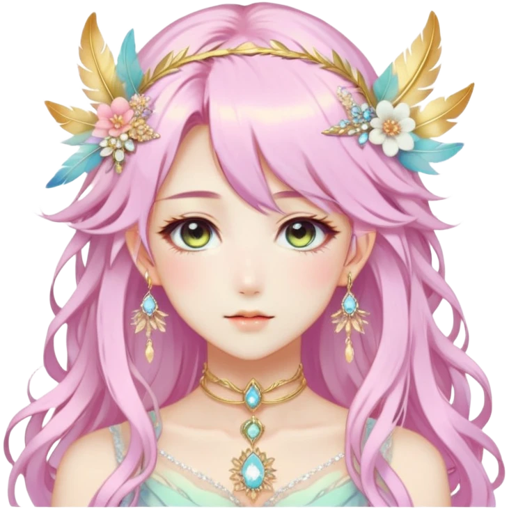 Beautiful gorgeous anime lady with beautiful pastel-special-hair, fashion aesthetic, ethereal, fairycore, pastelcore, feather, flower, crystals, accessories, gold jewelries, gold, colorful, gold laurel, gold halo, cottagecore,  emoji