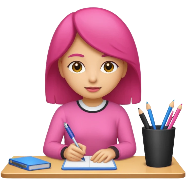 chica rosa pensando ideas con un escritorio emoji