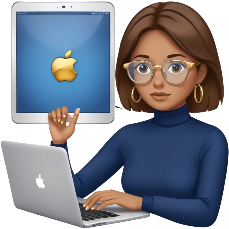 Woman with brown hair wearing navy blue turtleneck, gold hoops and blue screen glasses typing on laptop emoji