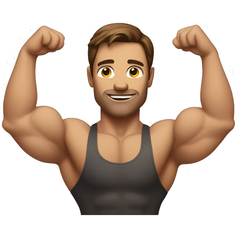 Man with brown hair holding up both arms in a body builder pose emoji