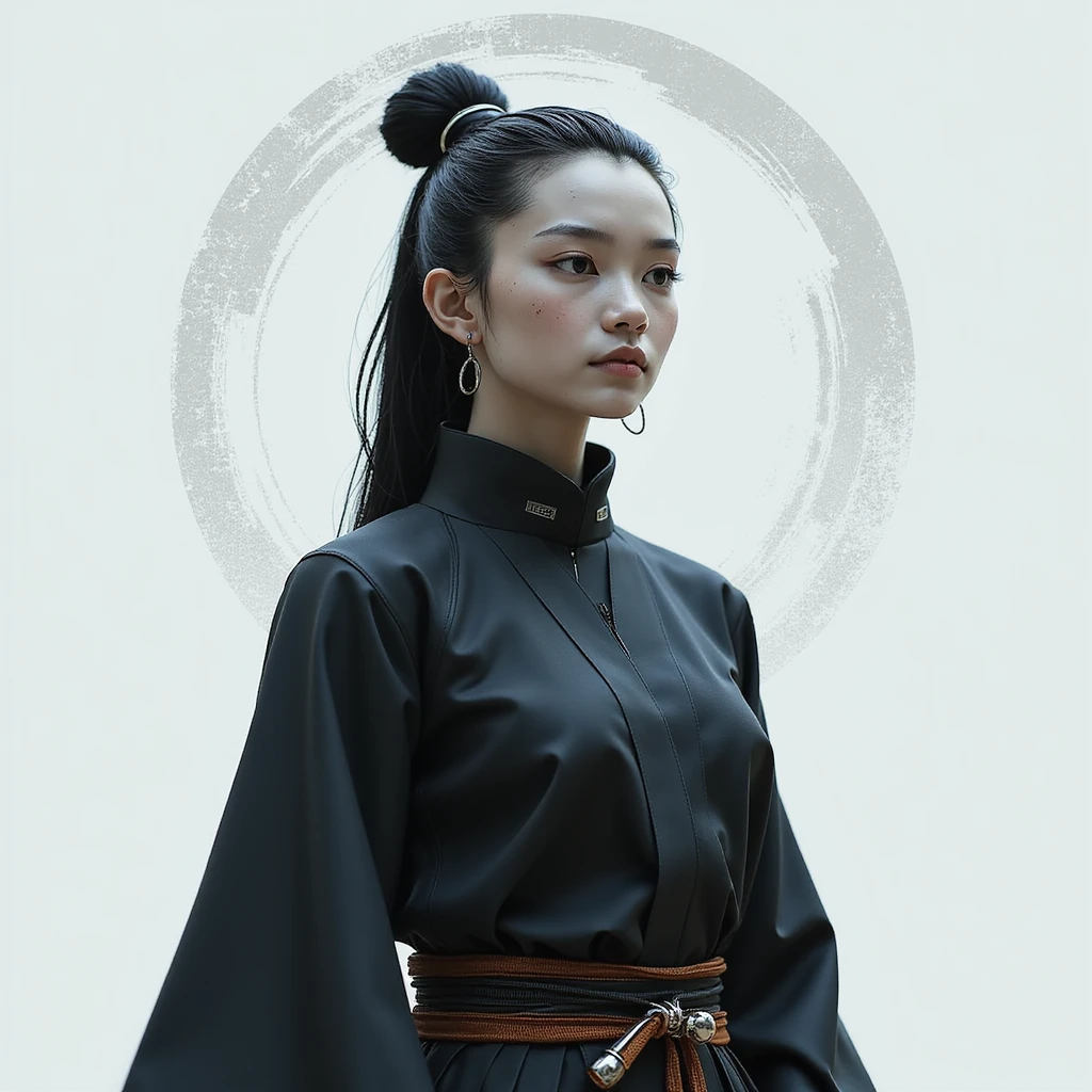realistic AI chatbot with the persona of a modern Zen Blade, serene disciplined and contemplative, wearing modern smart attire with hints of samurai influence, tranquil face, minimalist tech-inspired background emoji