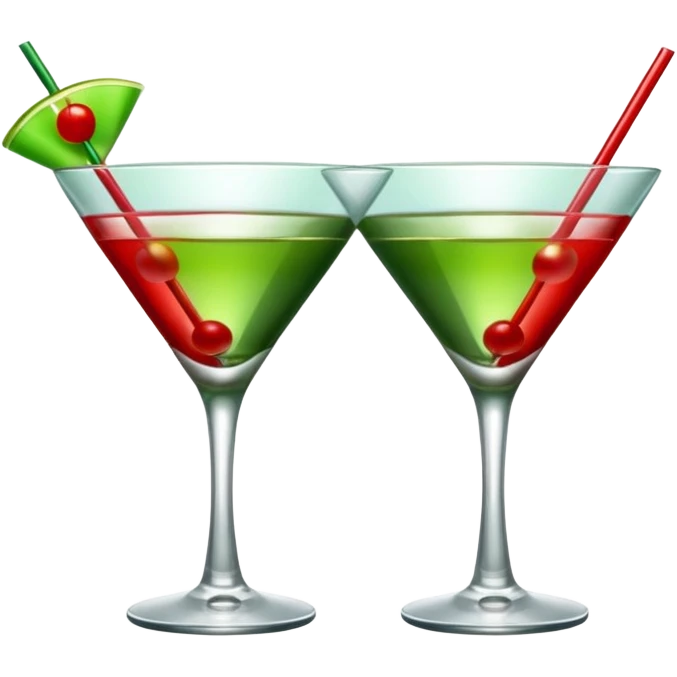 two realistic glasses of cocktail in emoji style, one is red color and one is green, martini glass shape, no straw, no fruit, no ice, no Cocktail sticks emoji