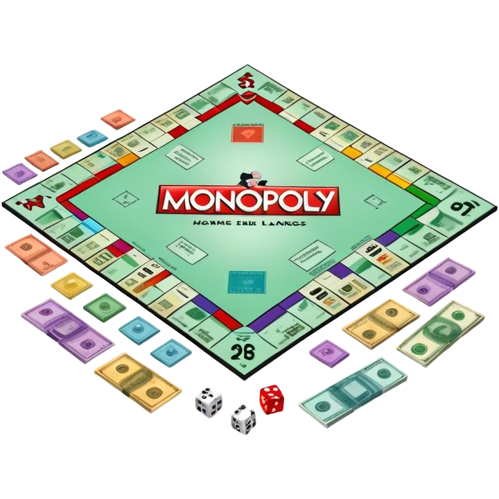 A photorealistic icon featuring a Monopoly board with property spaces, colorful game tokens, dice, and stacks of money. The design includes detailed textures of the board, cards, and tokens, capturing the essence of the Monopoly game. Transparent background, symbolizing Monopoly and board games. emoji