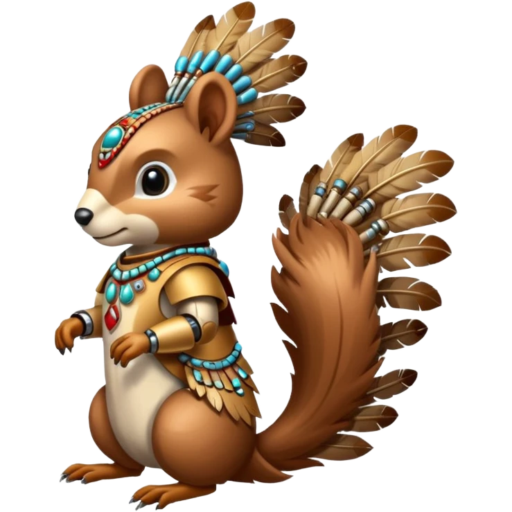 Full Robotic squirrel wearing native American regalia with feathers and beads emoji