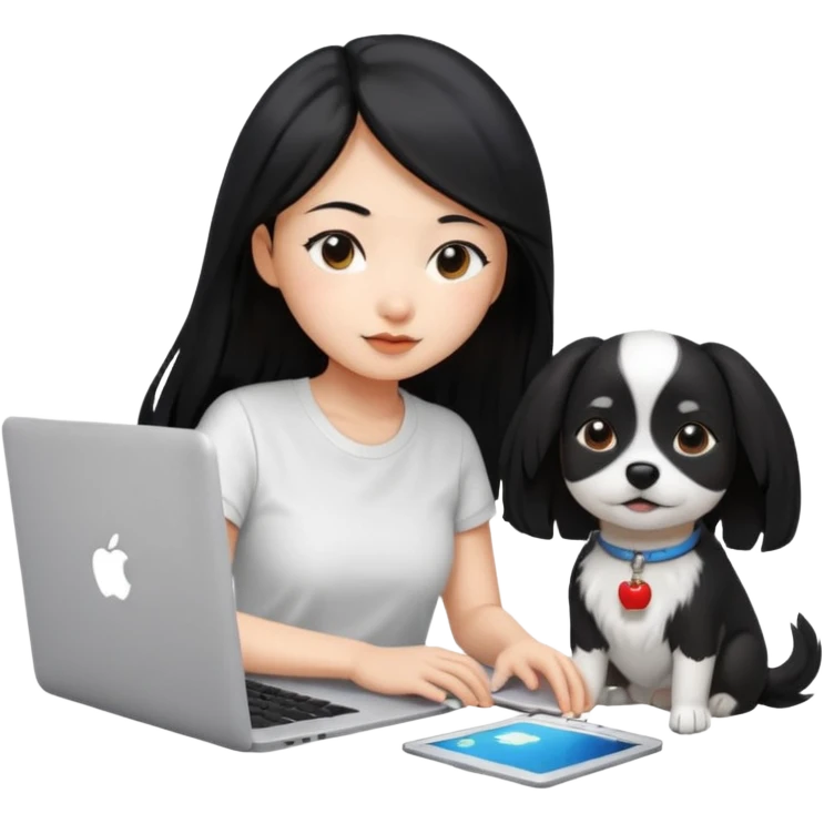 Blue back ground, Asian girl with long black hair , wearing a white shirt, working on an Apple laptop, next to her is a small black and white dog emoji