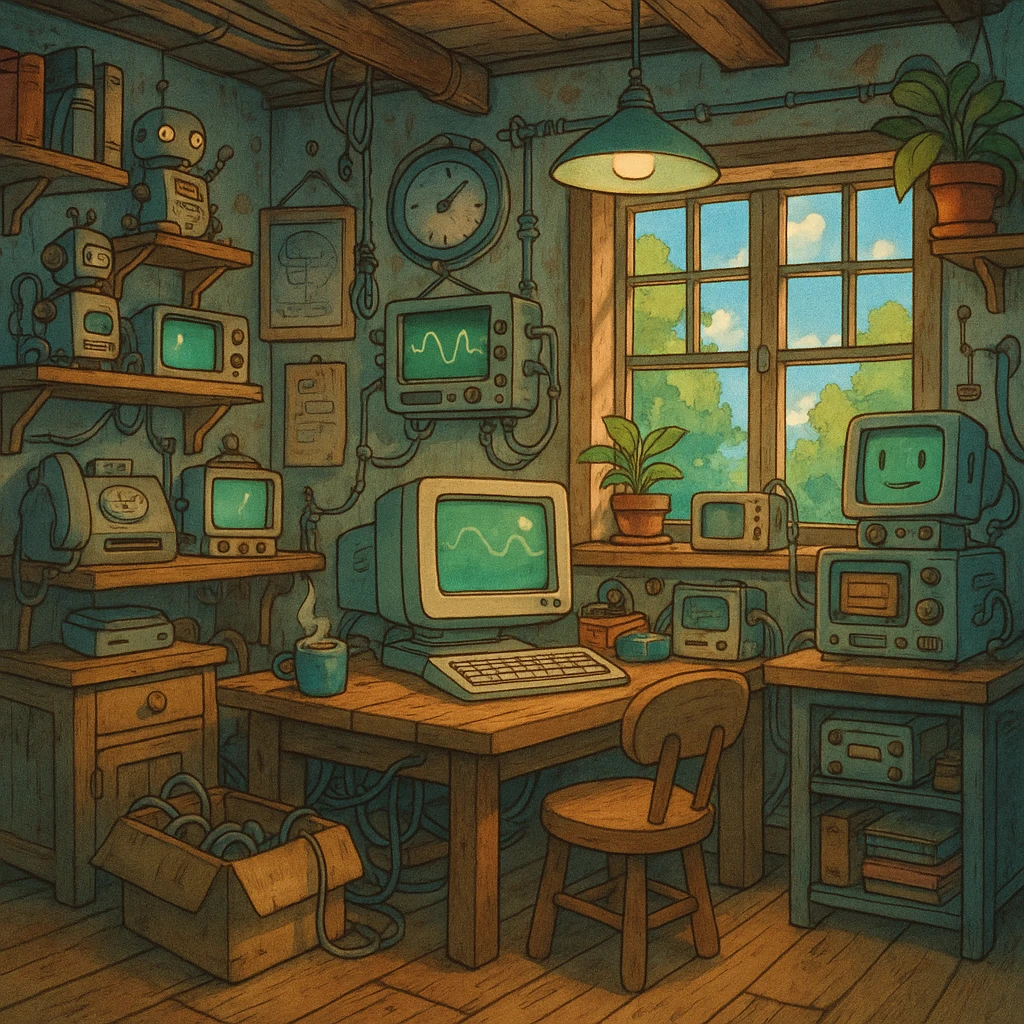 ghibli style tech lab, cozy and whimsical, lots of details emoji