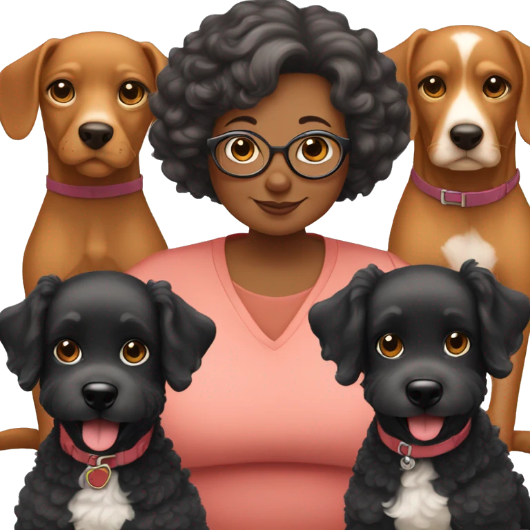 50 year old chubby woman with 03 dogs being a black poodle, a big ear caramel and a baby shorthair caramel emoji