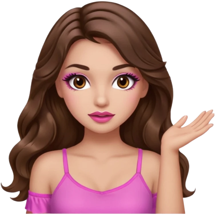 girl with long wavy brown hair, brown eyes, long lashes makeup, sexy pink lips, light to medium complexion, pink sexy top,slapping emoji
