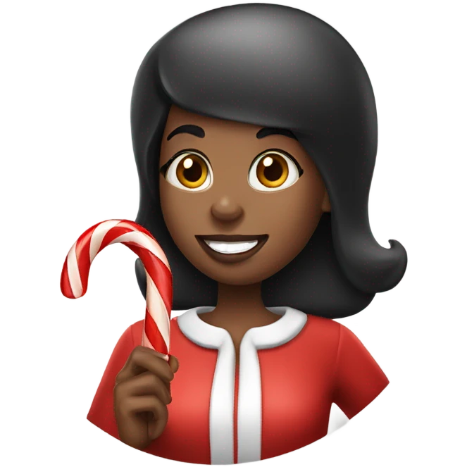 Black woman with short black hair and a Santa hat on eating a candy cane emoji