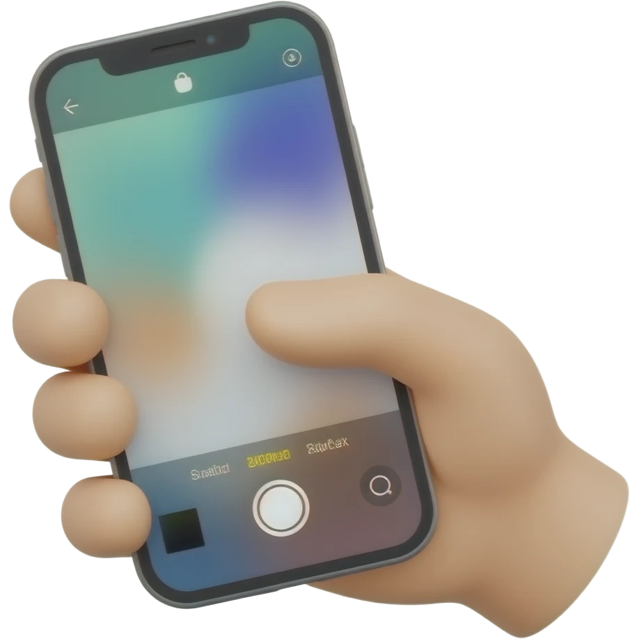 minimal emoji style illustration of a hand holding a smartphone and taking a photo, camera interface visible on screen, no face, no person, only hand and phone, iPhone-like design, clean flat design, simple shapes, soft shadows, centered composition, white background, high resolution, vector style emoji