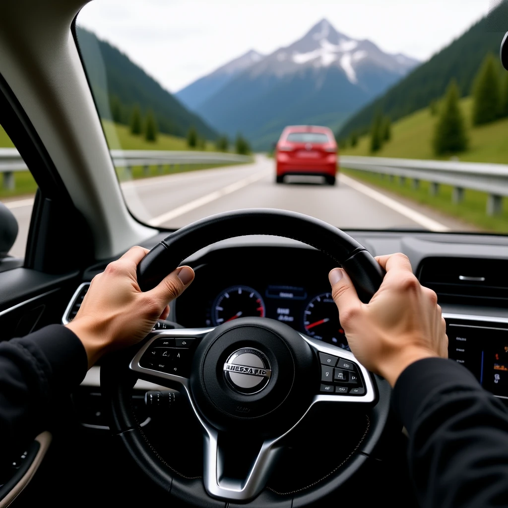 Realistic camshot pov of monkeu car (hands holding car wheel) switzerland road with car crash emoji