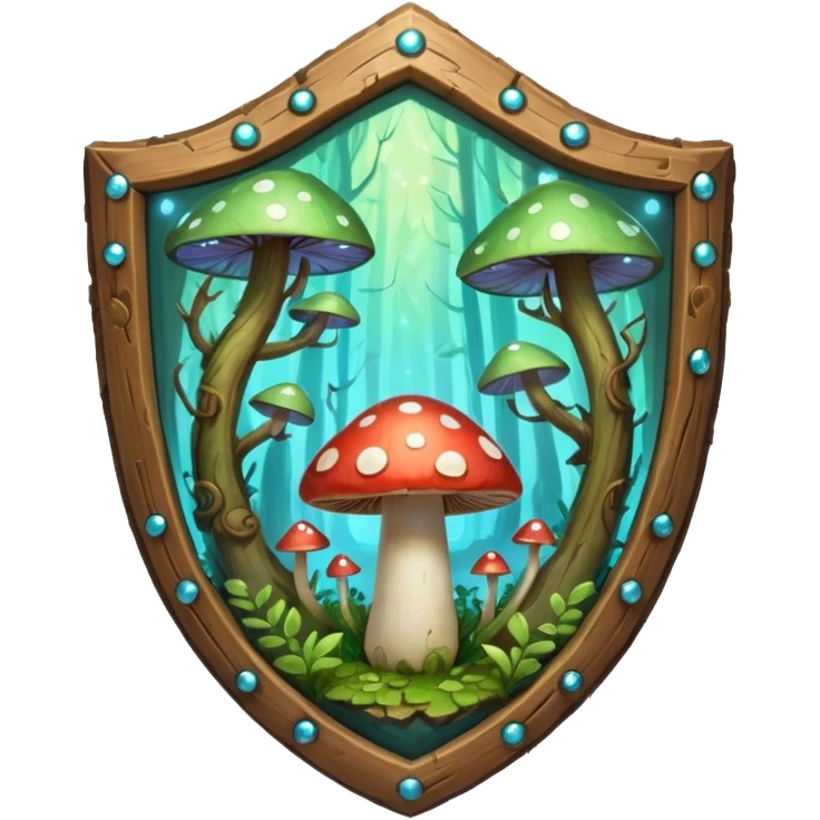 magical mushroom shield object icon, shield crafted from mushroom bark, glowing spores, fantasy forest design, soft green-blue aura, 3D cartoon, mobile game icon style, centered, clean background, no text, no watermark
 
 emoji