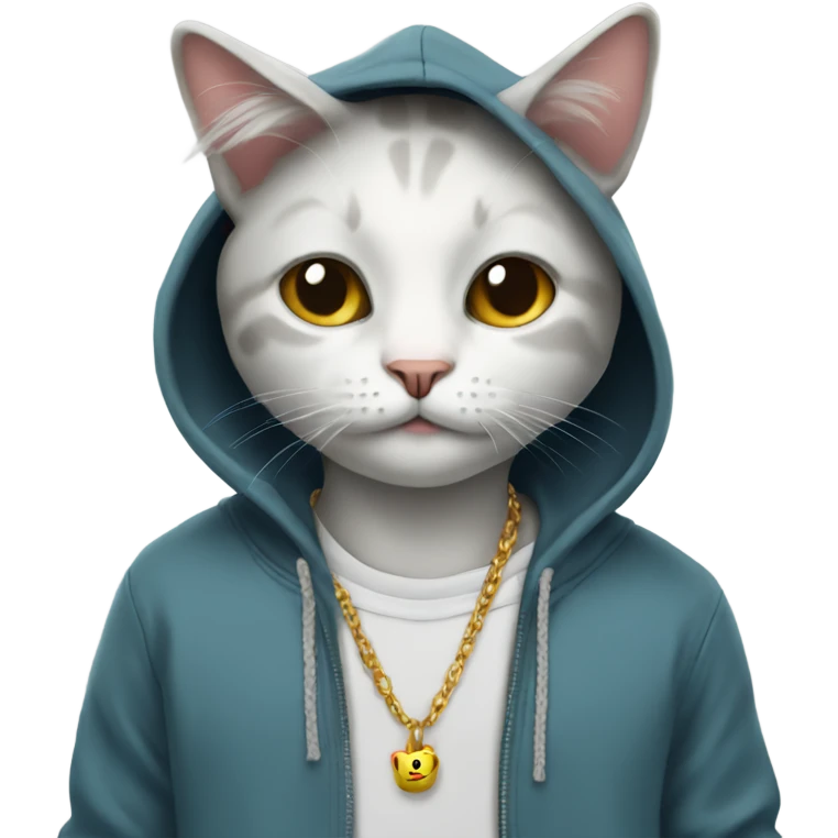 Cat wearing a hoodie with a necklace emoji