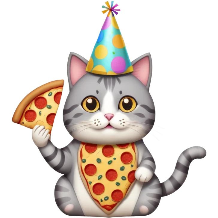 cat with a party hat, confetti around, holding a slice of pizza, college party vibe emoji