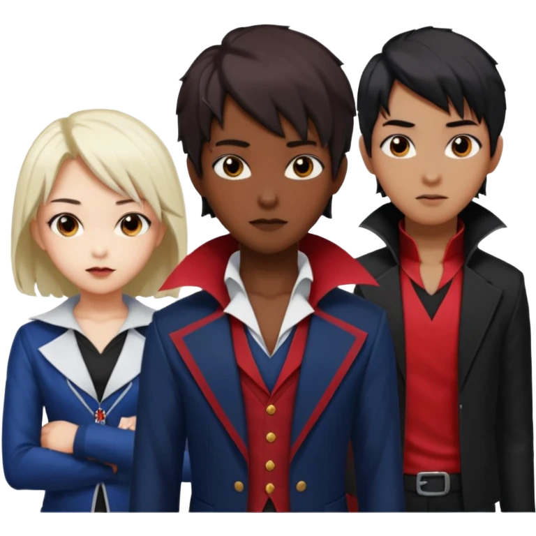Solo poly platonic relationship, one is south African girl, one is Asian boy, one is biracial features Asian tomboy girl with anime short hair with long hair, vampire and marvel cosplay elements inspired. emoji