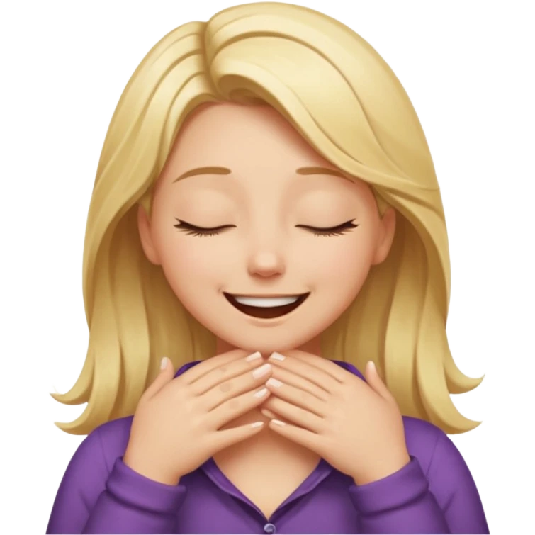 Happy blonde girl with eyes closed and mouth smiling and hands cupped around her neck - her eyes are squinty with excitment emoji