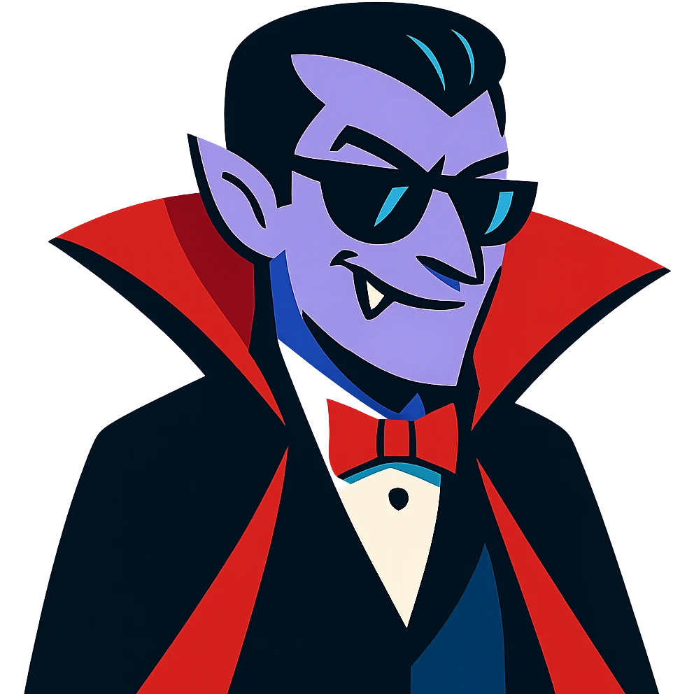 cool Dracula, classic vampire cape, slicked-back hair, smirking emoji