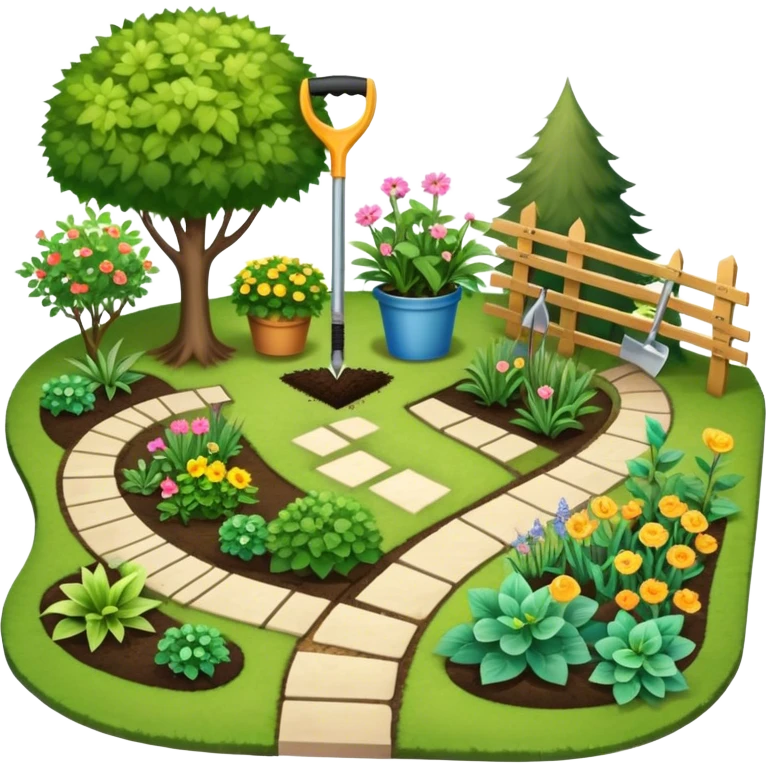 Icon for Landscape Design: a garden layout with plants, trees, paths, and design tools like a spade, pencil and measuring tape. The icon should represent creativity in outdoor space planning and gardening. Transparent background. emoji