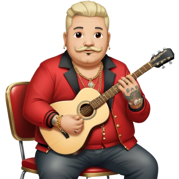Icon for Chanson: Old fat chanson singer with tattoos, small moustache, red jacket, gold chains and braslettes, sitting on a chair with an acoustic guitar and standing microphone. No earrings. The atmosphere should reflect a nostalgic, soulful vibe with vintage elements. Transparent background. emoji