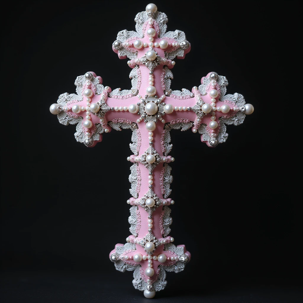 realistic gothic cross, pink and silver, with pearls and lace, photorealistic style, no background emoji