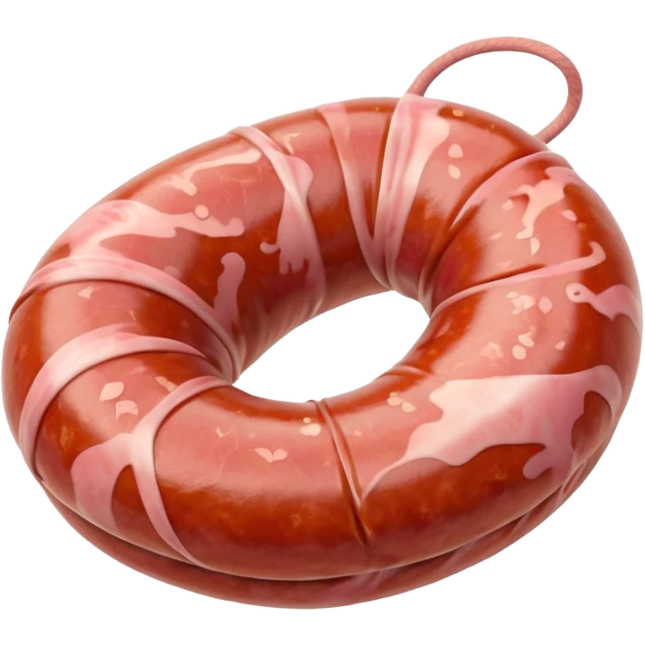 thick rustic coil of raw sausage, pale pink marbled surface, natural casing, smooth texture, visible flecks of fat, ends tucked or pinched, no plate or garnish, soft lighting, emoji scale emoji