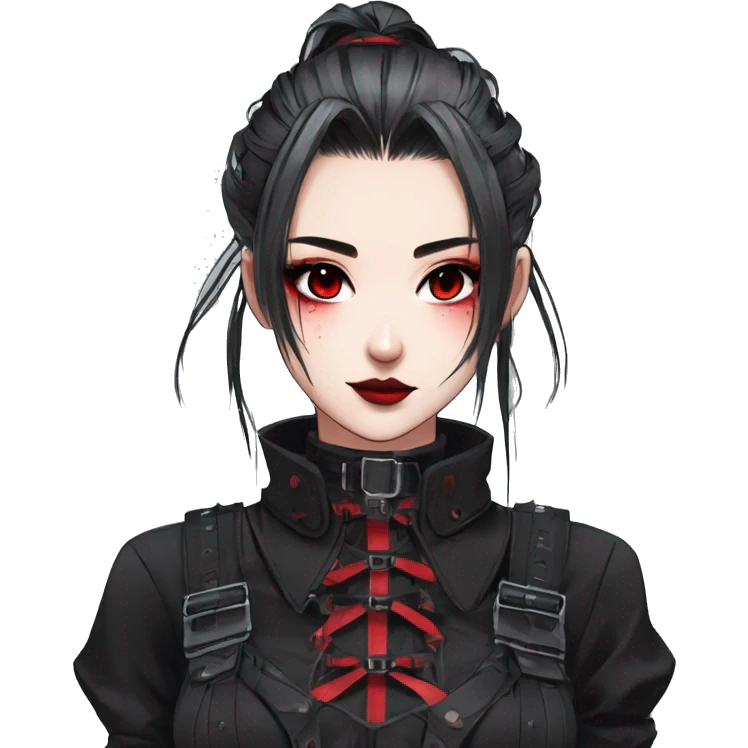 Gorgeous gothic dark techwear anime style lady with blushing face aesthetic and pretty edgy black red punk messy ponytail hair with collar and harness trending style emoji
