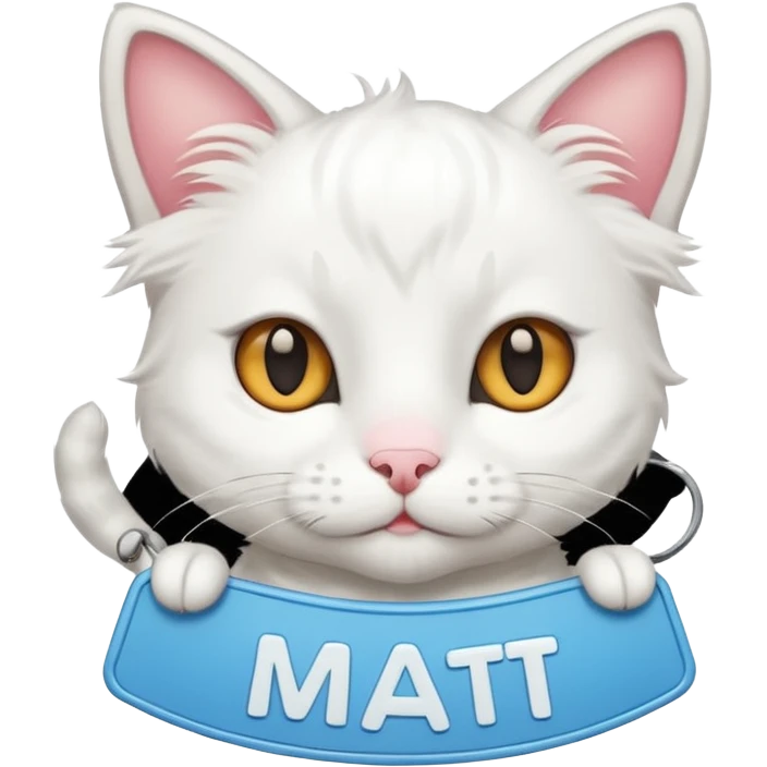 A WHITE CAT with a name tag that says mat emoji