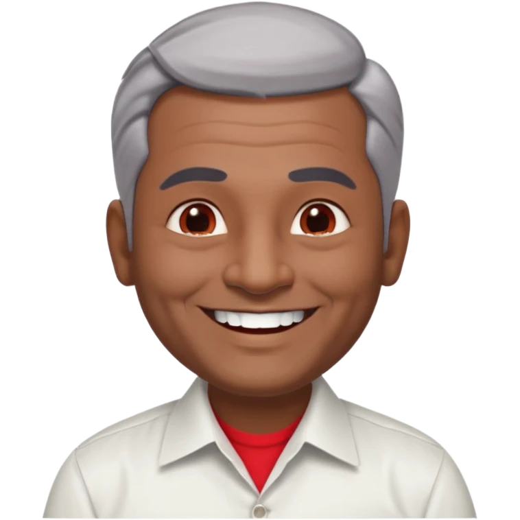 50 yr old indian man, dark skin, grey hair, big smile, white teeth, chubby, no moustache, clean shaven, young style hair, hair brushed back, 5 oclock shadow, bindy on forehead, dress shirt, red dot emoji