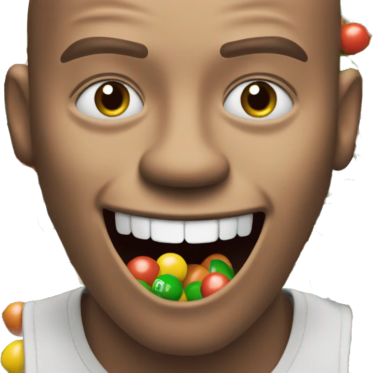 M&M with a smiling face holding a pack of M&Ms emoji