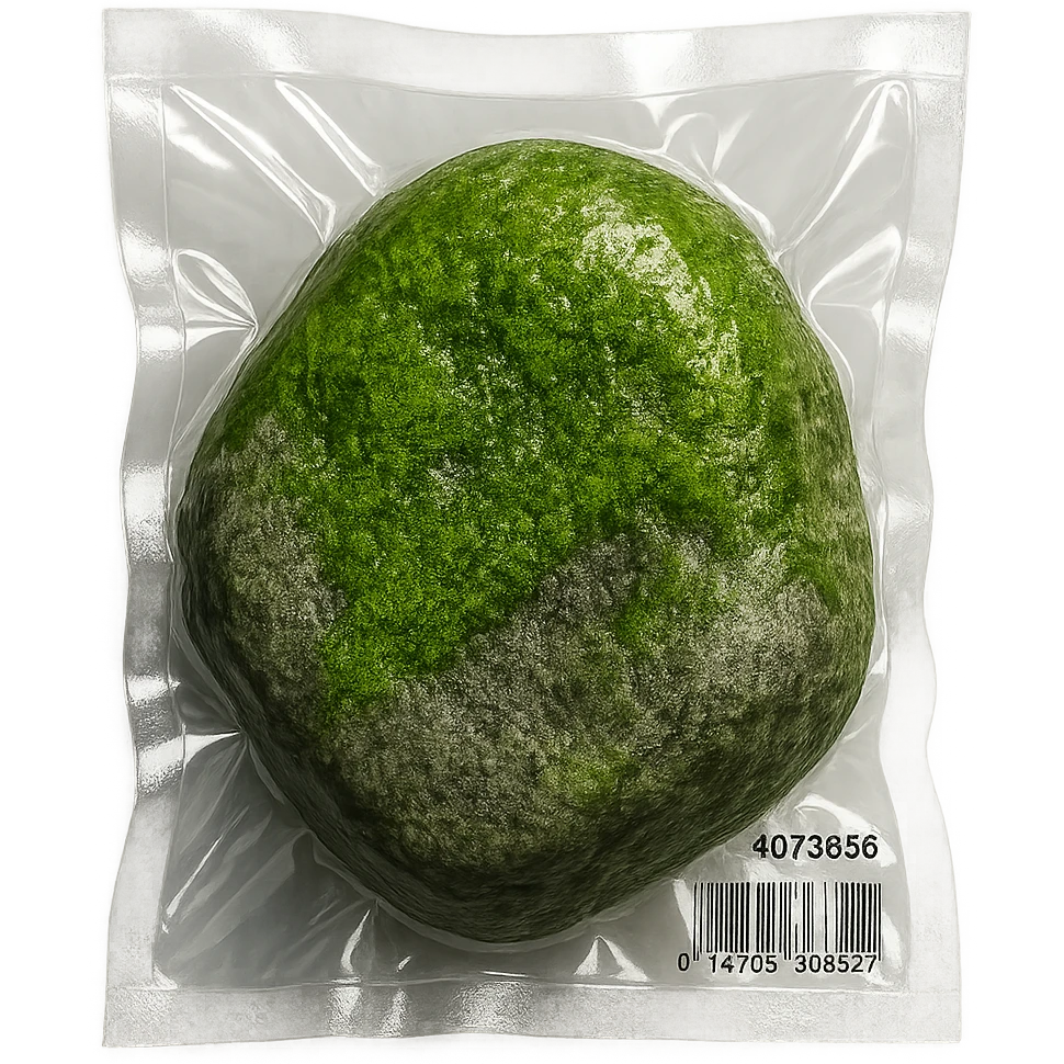 stone with green moss, glossy and puffy emoji