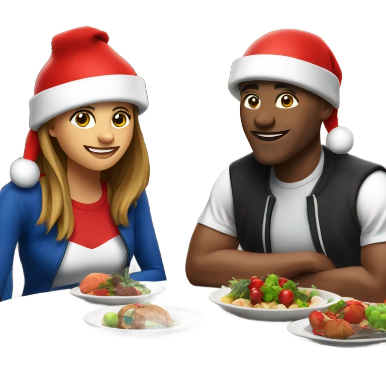 emoji Sports couple , a man and a woman in sportswear, sitting at the Christmas dinner table with a red Christmas hat emoji