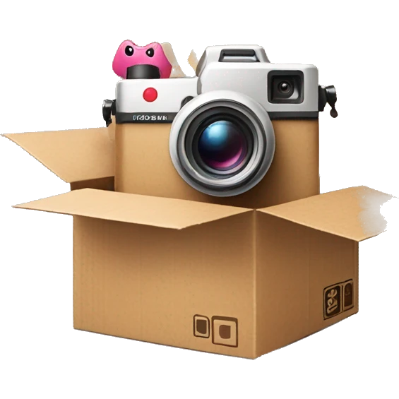 Video Camera, Instagram YouTube icons fly out from the Cardboard box emoji