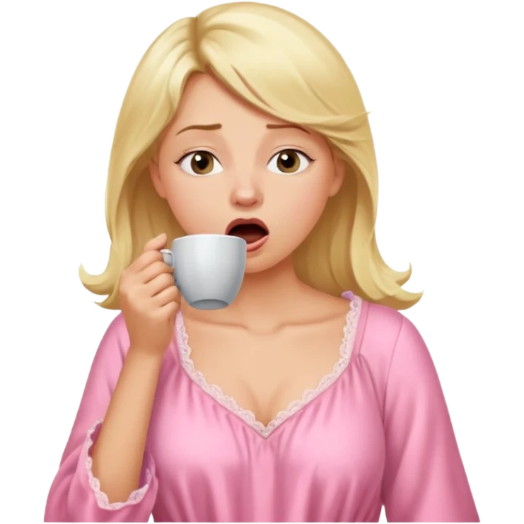 A blonde woman in a pink nightgown yawns, looking sleepy with dark circles under her eyes, drinking coffee, looking like she just woke up emoji