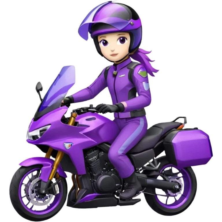Créer un emoji copiable sur mon système iOS avec une moto mt07 noir mate / violet plus foncé que tu as et iridescent. le style de la mt07 doit être en sport. Avec pilote dessus visière violet bulle de la moto violet aussi. Avec fond arrière  violet  emoji