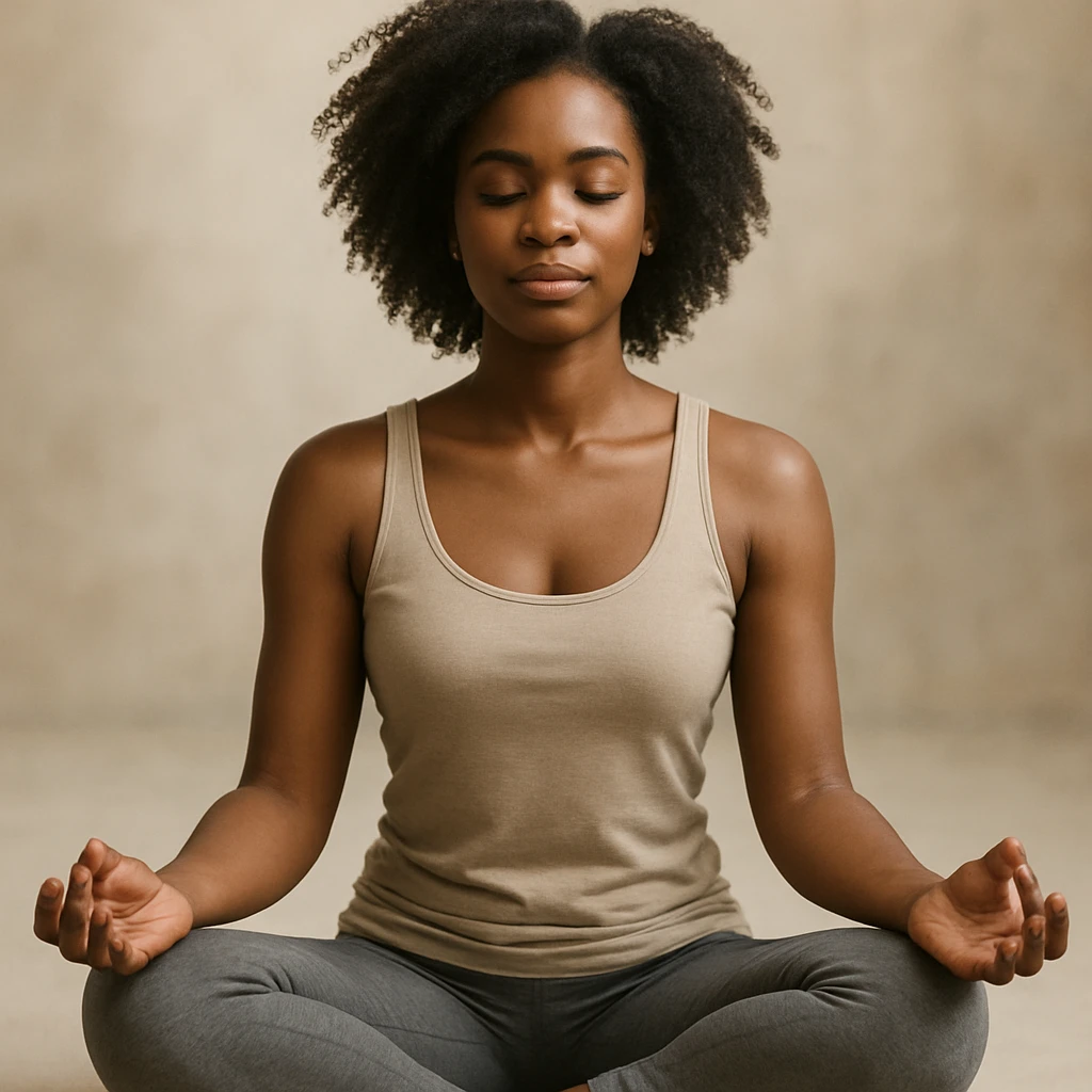 realistic style portrait of a black woman meditating, sitting in lotus position, with a soft background emoji