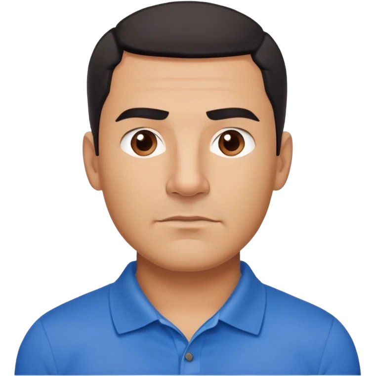 Strong built middle-aged Hispanic man with tan complexion, square masculine face with defined jawline, short black hair with clean fade cut, medium dark brown eyes, thick eyebrows, wide nose, neutral expression, wearing blue polo shirt emoji