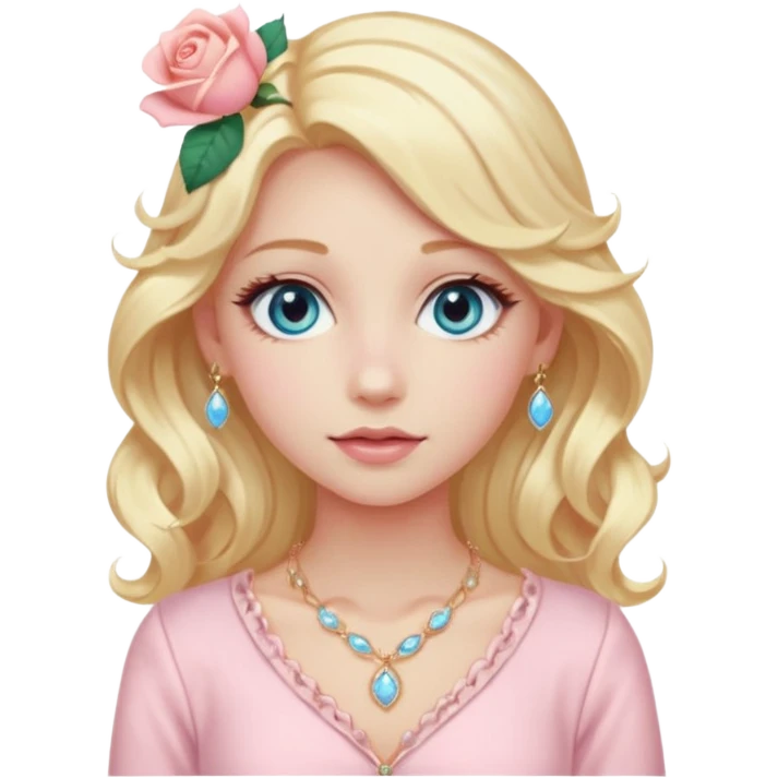 a girl with long wavy light golden platinum blonde hair, light blue eyes, pale peachy-pink skin, wearing a fancy light pink outfit, a hot rose hair clip, and light gold jewelry emoji