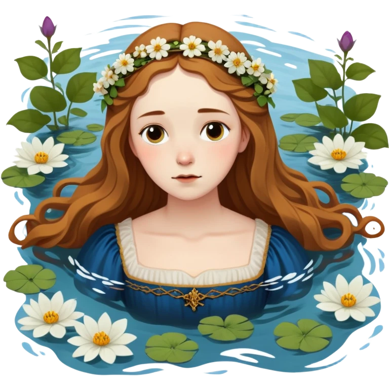 Ophelia from Hamlet floating in water surrounded by flowers, with a tragic expression, wearing a medieval dress, based on Millais painting and Shakespeare's character emoji