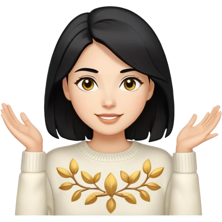 A woman with shoulder-length black hair, light to medium skin tone, full cheeks, and almond-shaped eyes, wearing a white sweater with gold design, lying comfortably on a bed with soft lighting, joyful and radiant expression. emoji