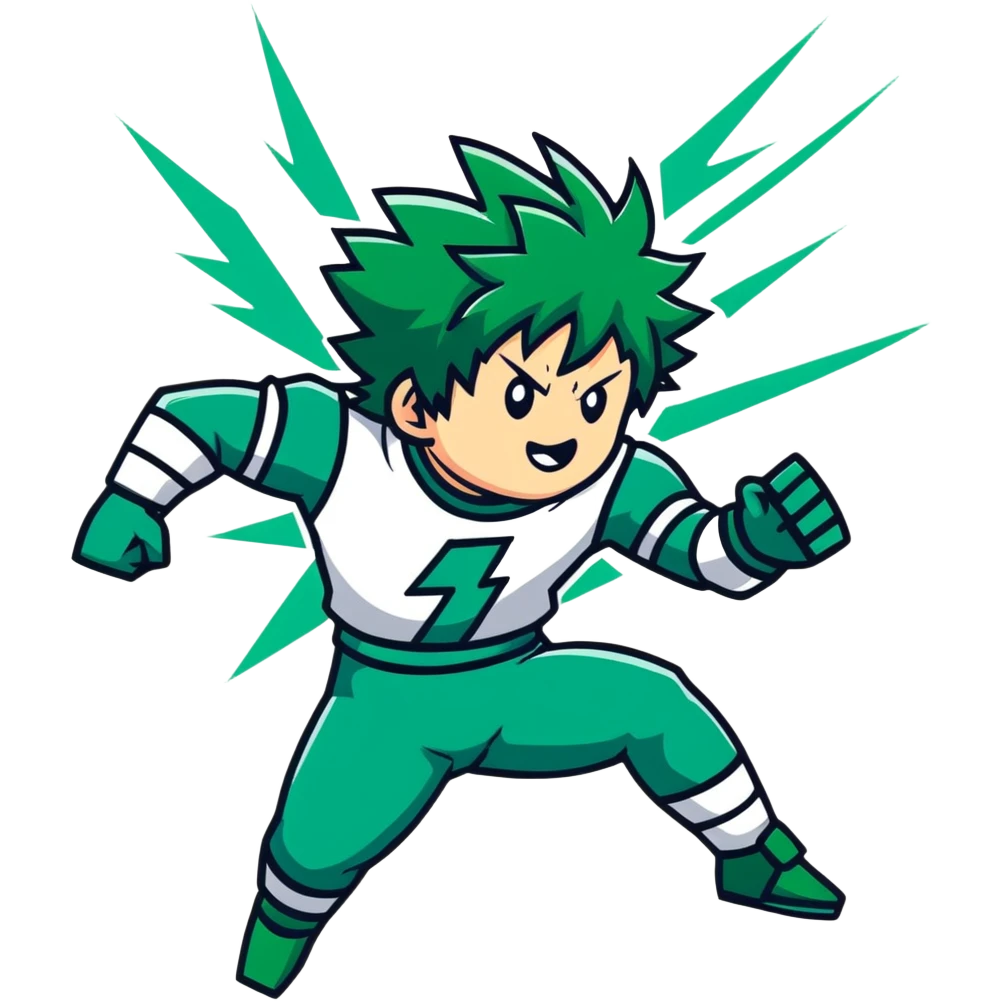 Izuku Midoriya (Deku) from My Hero Academia using One For All power with green lightning emoji