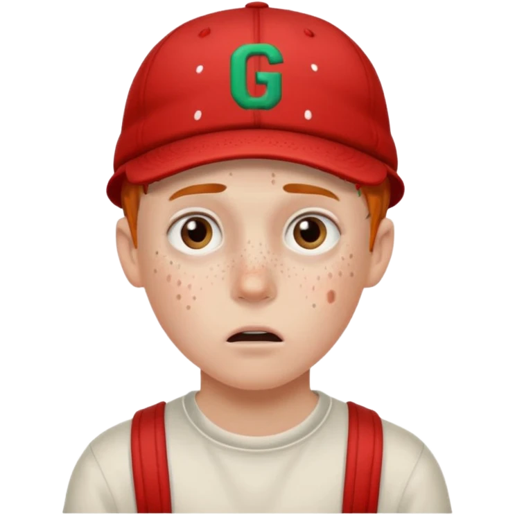 Um garoto branco, com a feição de assustado, usando um boné da Guccy emoji