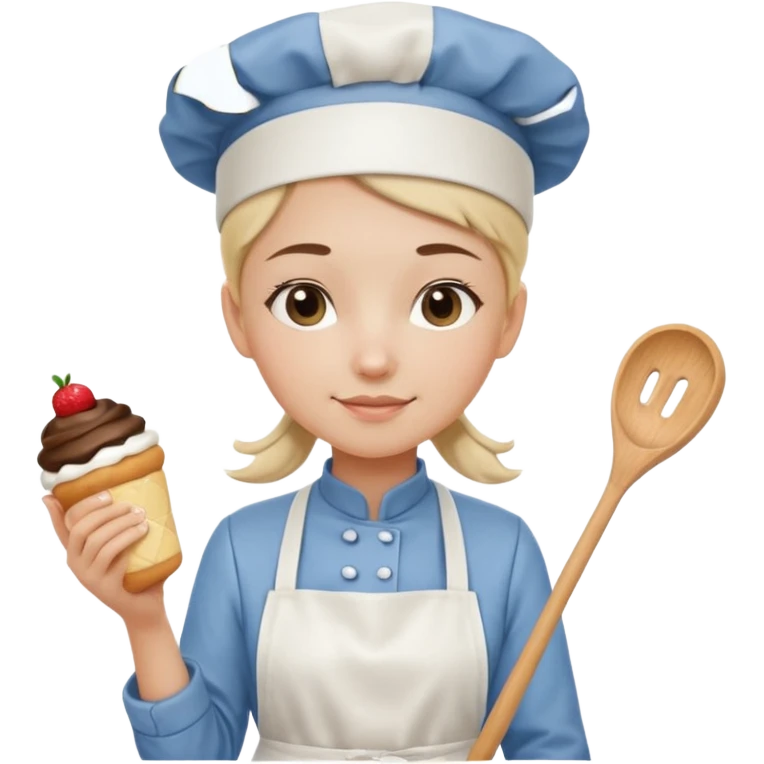 Young female pastry chef - single ponytail, apron, wearing a white hat, holding a cream piping bag emoji