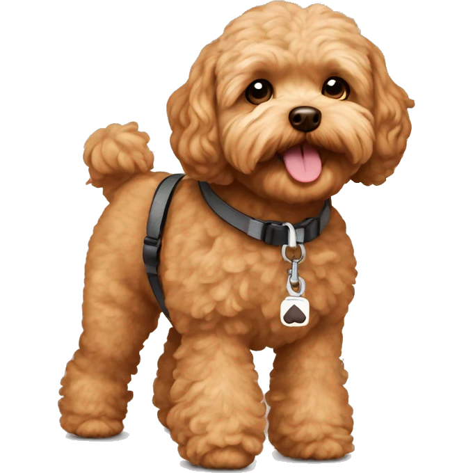 Brown Maltipoo walks with leash emoji