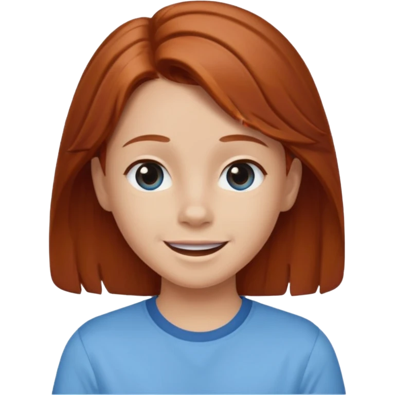 shrugging happy emoji tween long auburn hair light blue shirt with a darker blue L emoji