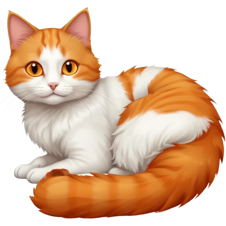 ginger and white cat with orange eyes doing a big extremely long stretch reaching up into the air with arms and legs side by side together straight and overextended whilst lying on its side emoji