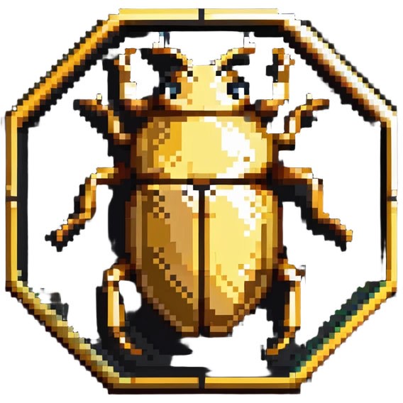 A golden hexagonal badge with a detailed beetle in the center, Discord bug hunter inspired emoji