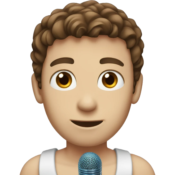 a guy with brown hair and blue eyes bare-chested with a microphone emoji