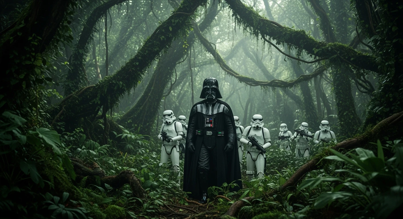 cinematic still, Closeup shot, amazon jungle, Darth Vader around stormtroopers is exploring the jungle, inspired by StarWars movie, captured by arri alexa emoji