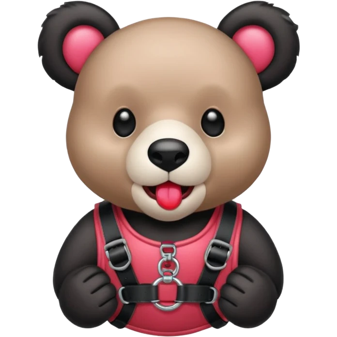 Gloomybear wearing black harness, red bubblegum in mouth emoji